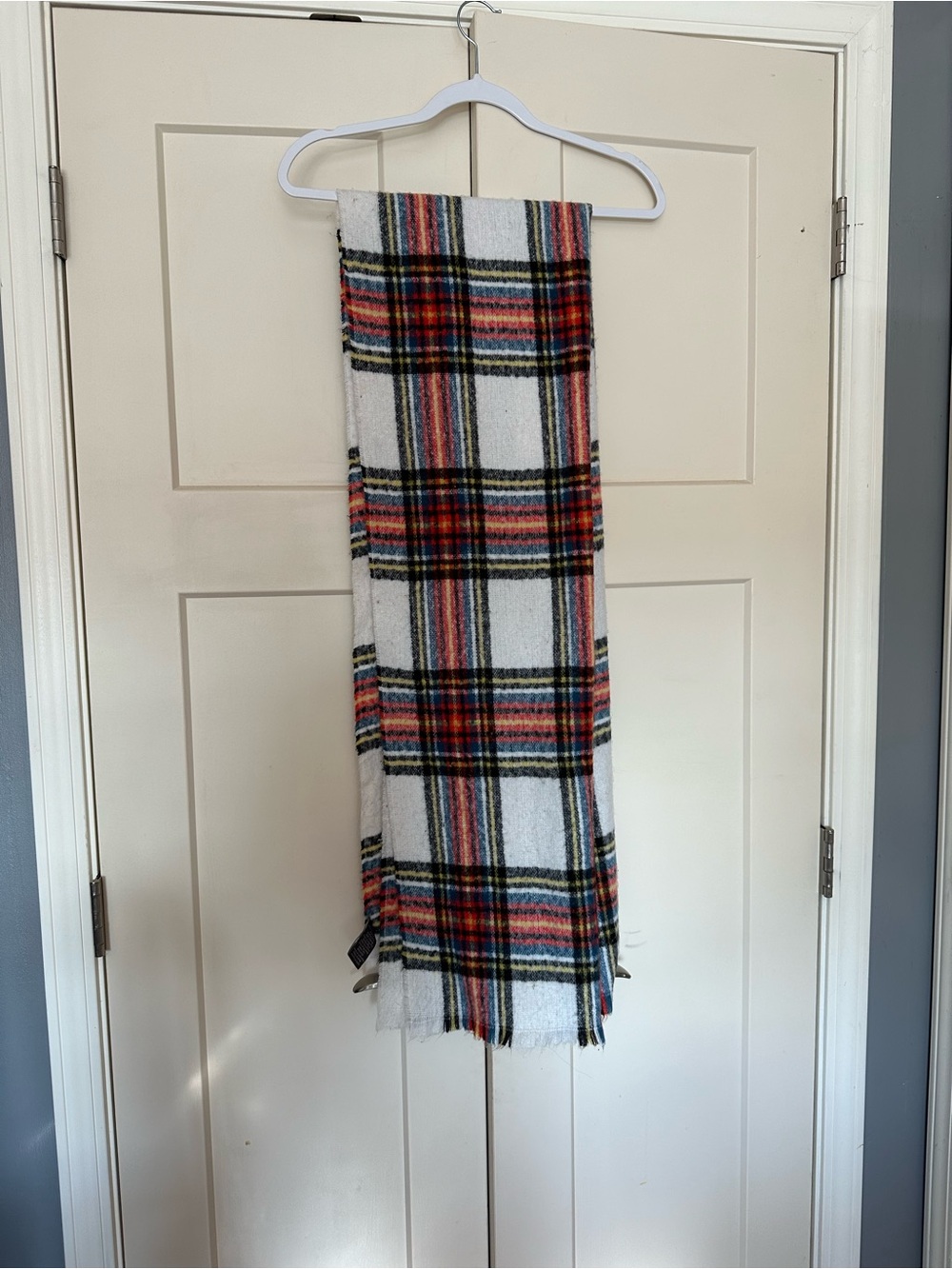 Plaid Fringe Winter Scarf in White, Red, Blue & Green